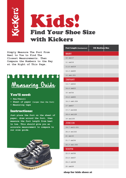 Kickers Kids Shoe Size Chart Printable pdf