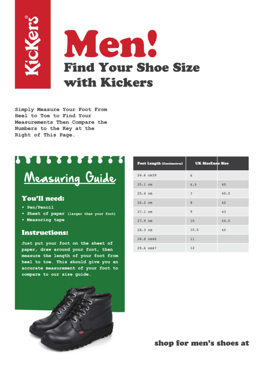Kickers Men's Shoe Size Guide