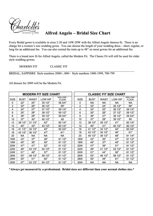 Alfred Angelo Bridal Size Chart Printable pdf