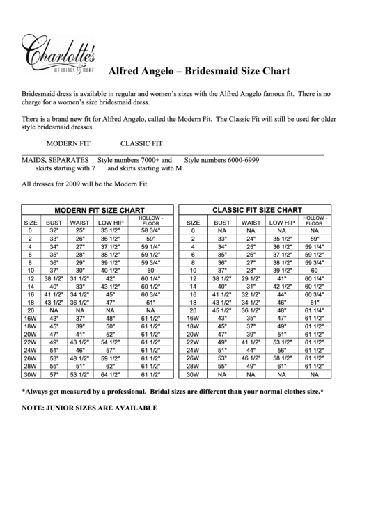 Alfred Angelo Bridesmaid Size Chart Printable pdf