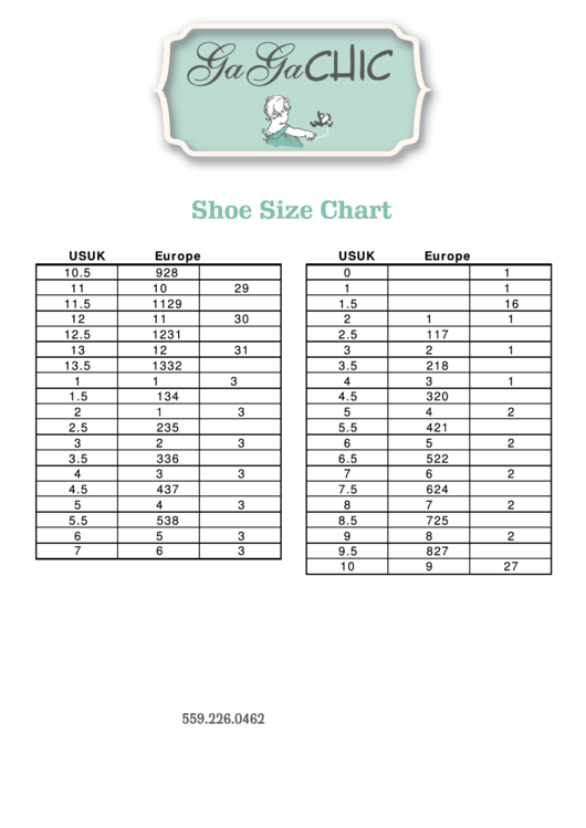 Ga Ga Chic Shoe Size Chart Printable pdf