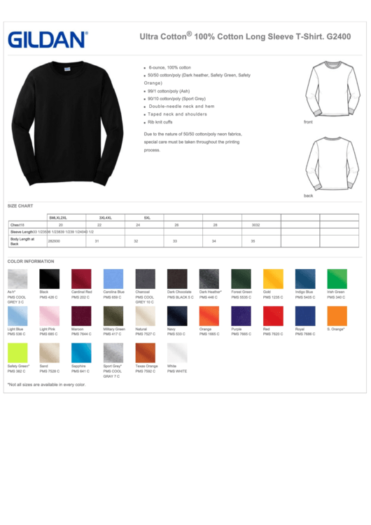 G2400 Gildan Ultra Cotton 100 Percent Cotton Long Sleeve T-Shirt Size Chart Printable pdf