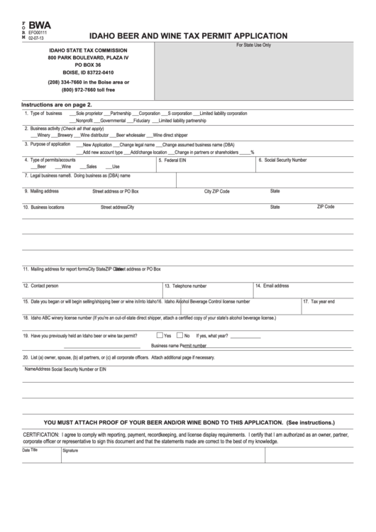 Fillable Idaho Beer And Wine Tax Permit Application Printable pdf