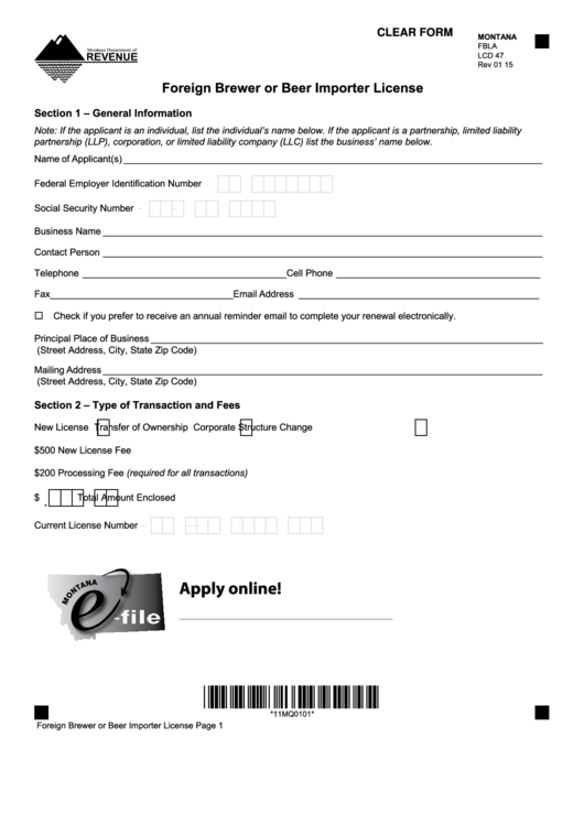 Fillable Montana Foreign Brewer Or Beer Importer License printable pdf