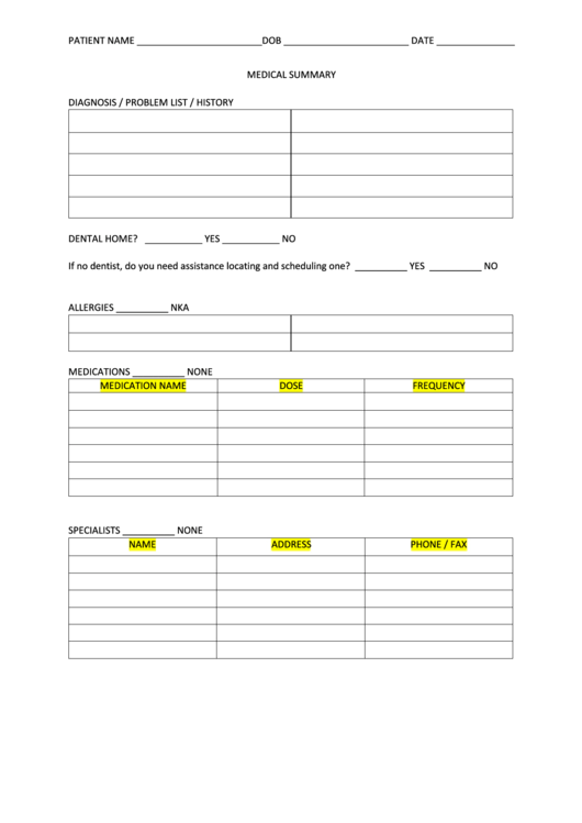 Medical Summary Form Printable pdf