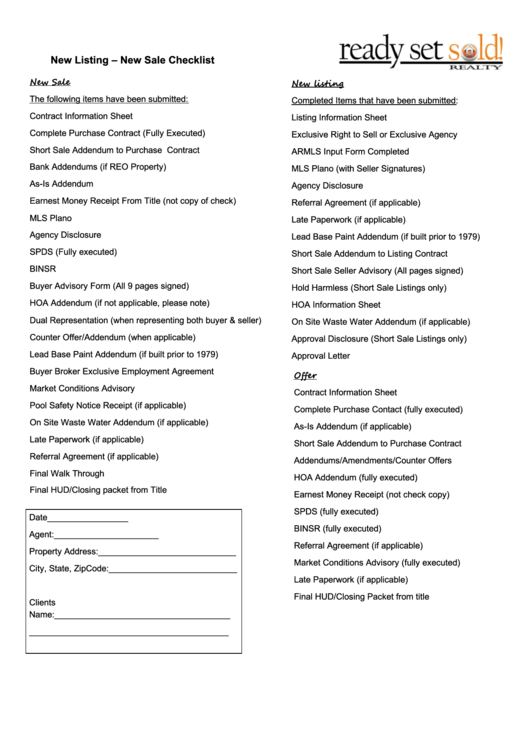 Fillable New Listing - New Sale Checklist Printable pdf