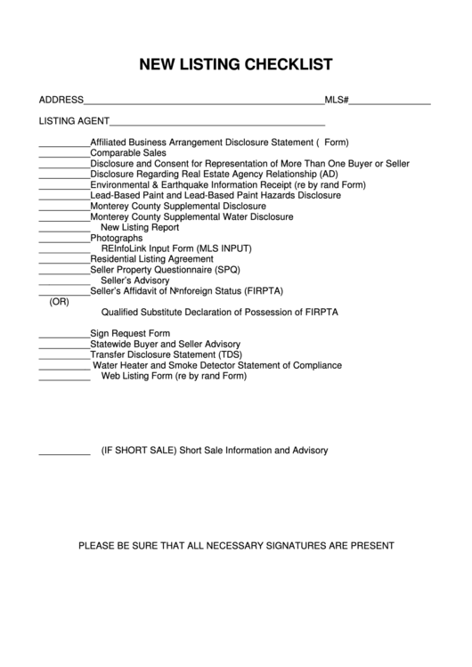 Fillable New Listing Checklist - Rd Training Systems Printable pdf