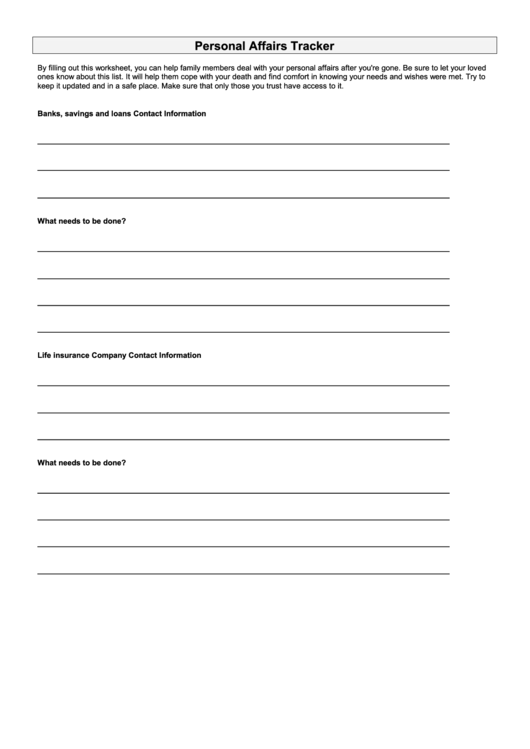 Personal Affairs Sheet Printable pdf