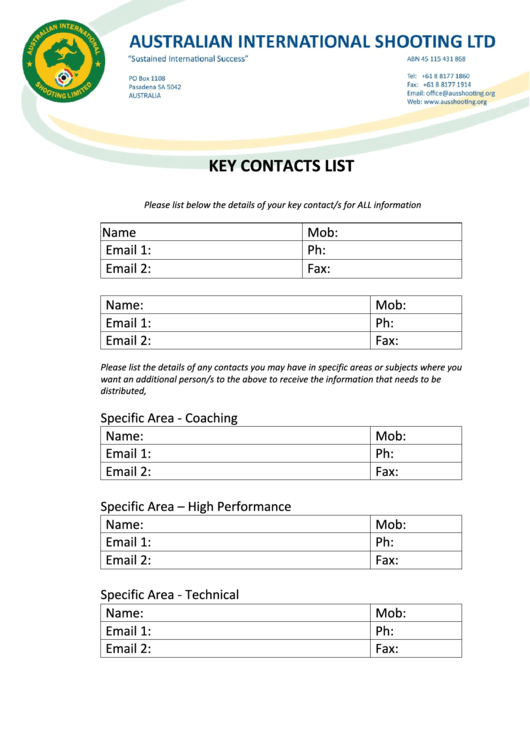 Key Contacts List - Shooting Australia