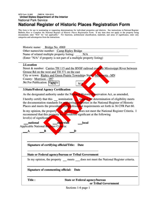 Nps Form 10-900 - National Register Of Historic Places Registration Form Printable pdf