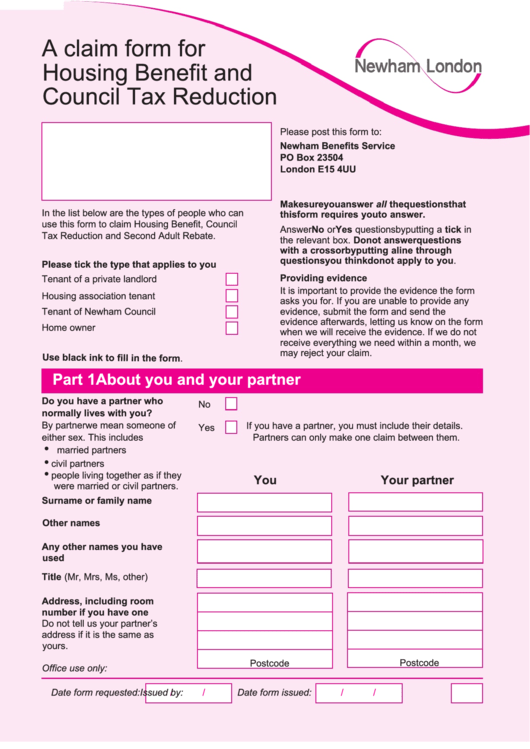 Housing Benefit Clam Form And Council Tax Reduction Printable Pdf Download