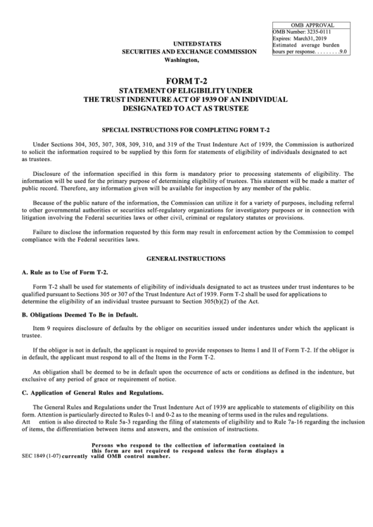 Form T-2 - Statement Of Eligibility Under The Trust