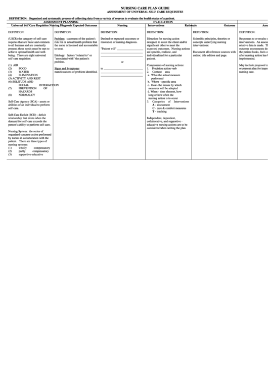 Nursing Care Plan Chart - Assessment Of Universal Self Care Requisites Printable pdf