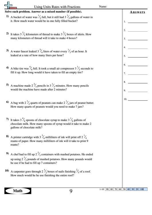 Using Units Rates With Fractions Worksheet With Answer Key Printable pdf