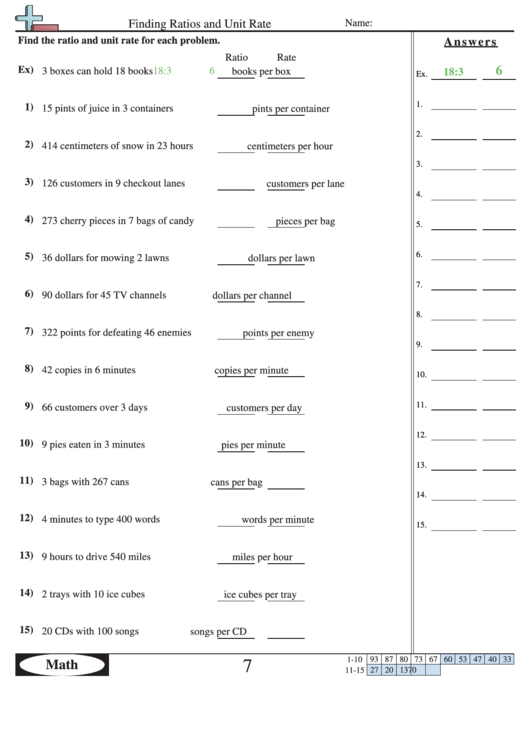 Finding Ratios And Unit Rate Worksheet Printable Pdf Download