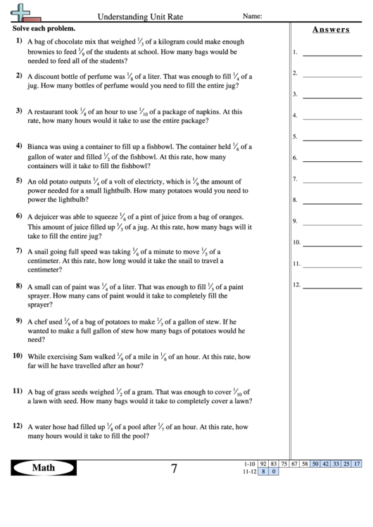 Understanding Unit Rate Worksheet With Answer Key Printable pdf