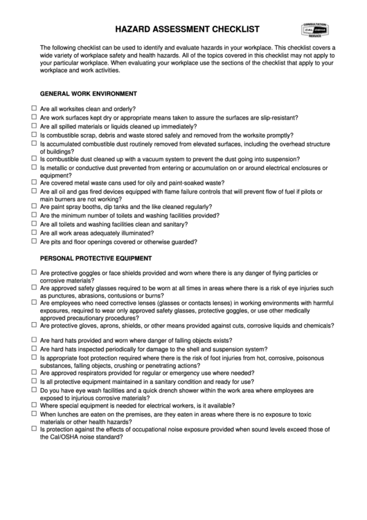 Hazard Assessment Checklist Printable pdf