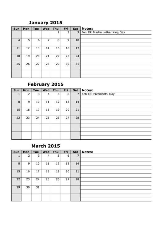 Yearly Calendar Template - 2015 Printable pdf