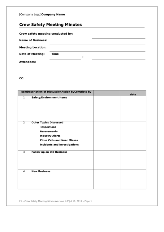 Crew Safety Meeting Minutes Template Printable pdf
