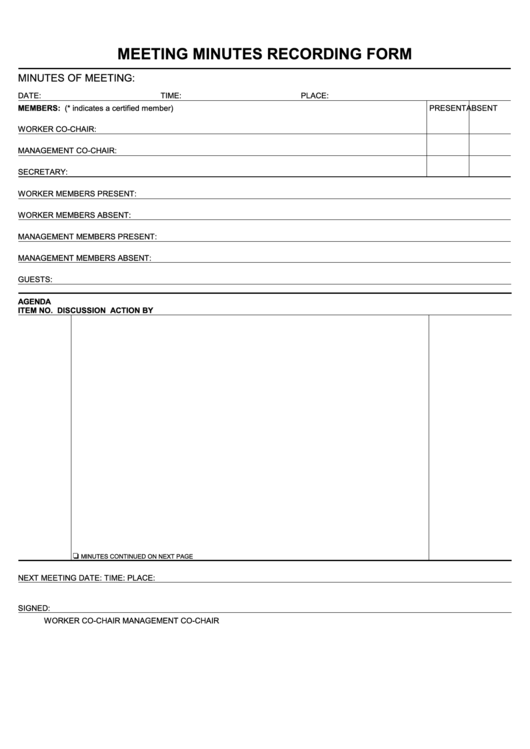 Fillable Meeting Minutes Recording Form Printable pdf