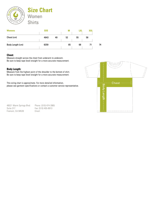 Greenlight Apparel Women Shirts Size Chart Printable pdf