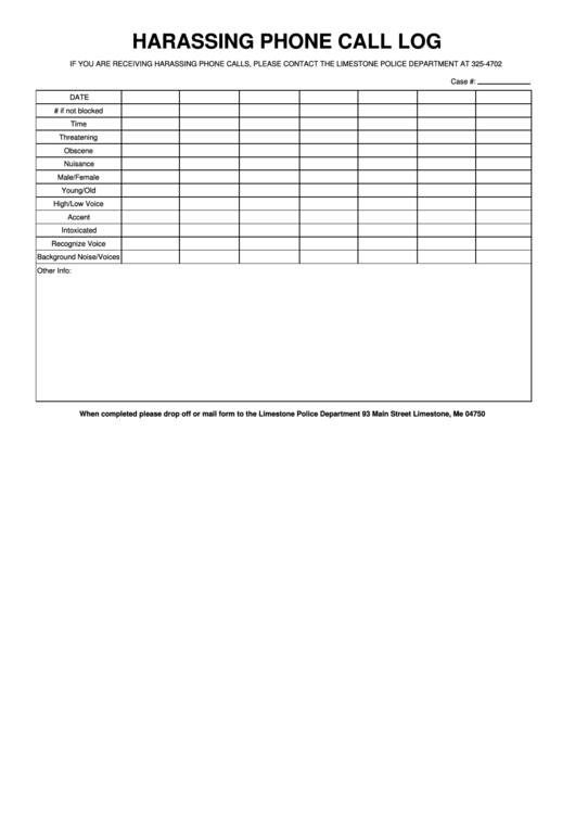 Fillable Daily Harassing Phone Call Log Template Printable pdf