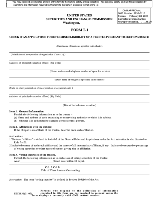 Form T-1 - Application To Determine Eligibility Of A Trustee Printable pdf