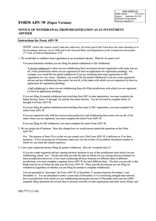 Fillable Form Adv-W - Notice Of Withdrawal From Registration As An Investment Adviser Printable pdf