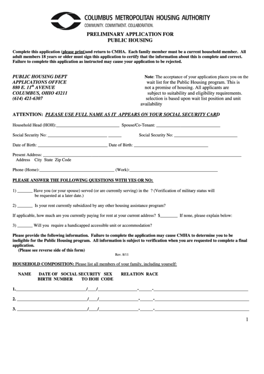 Preliminary Application For Housing Choice Voucher Printable pdf