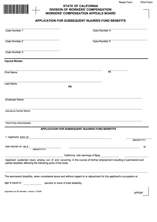 Fillable Application For Subsequent Injuries Fund Benefits Printable pdf