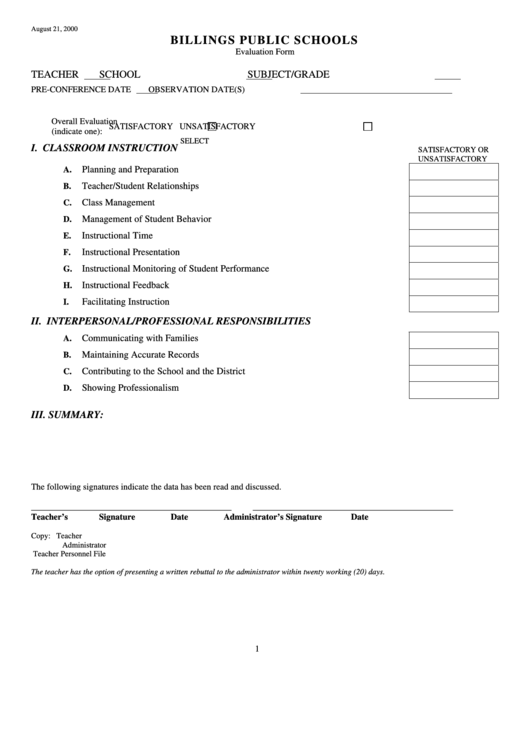 Billings Public Schools Evaluation Form Printable pdf