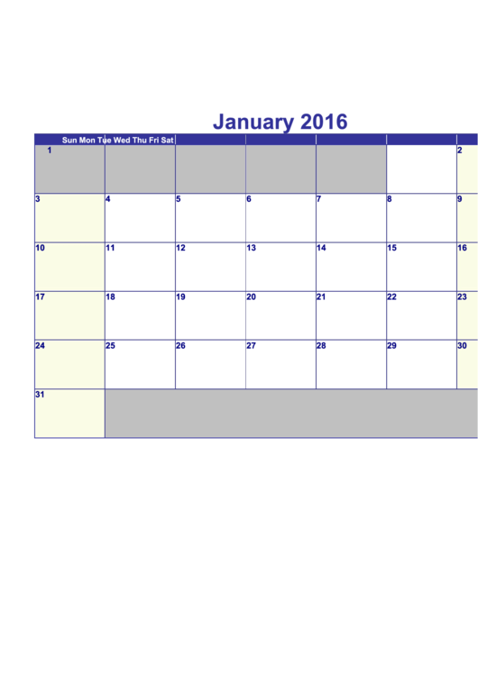 January 2016 Calendar Template - Horizontal Printable pdf