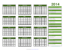 2014 Yearly Calendar Template - Black And Green, Landscape, With Holidays