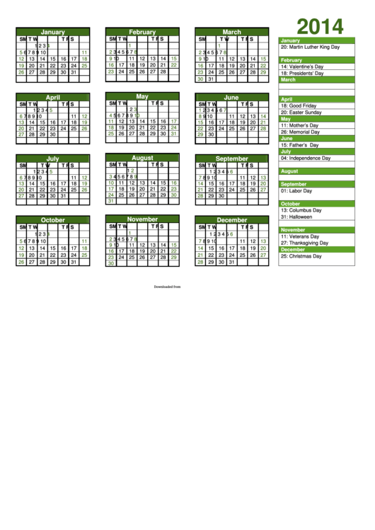 2014 Yearly Calendar Template - Black And Green, Landscape, With Holidays