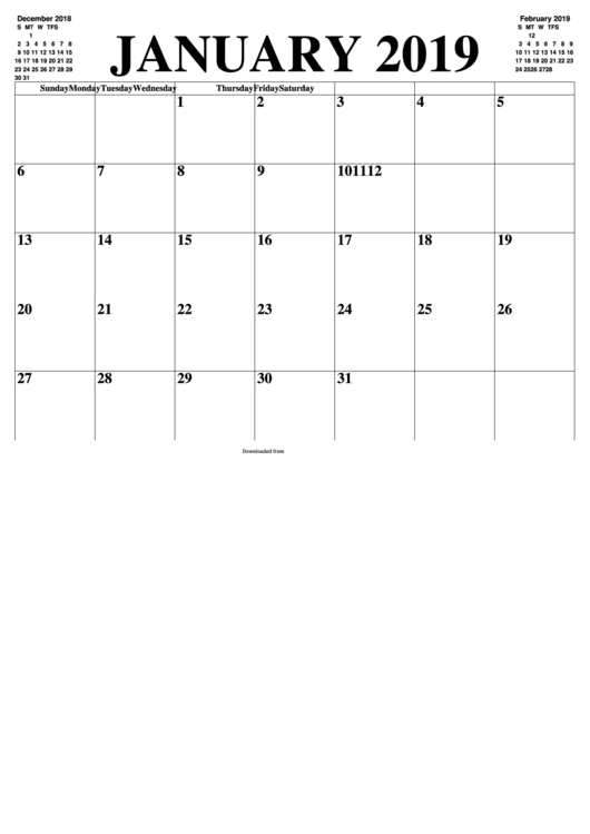 January 2019 Monthly Calendar Template Printable pdf