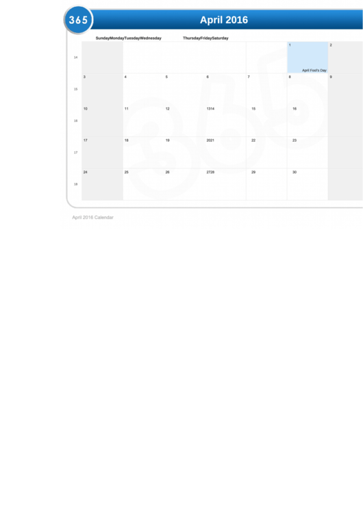 April 2016 Calendar Template Printable pdf