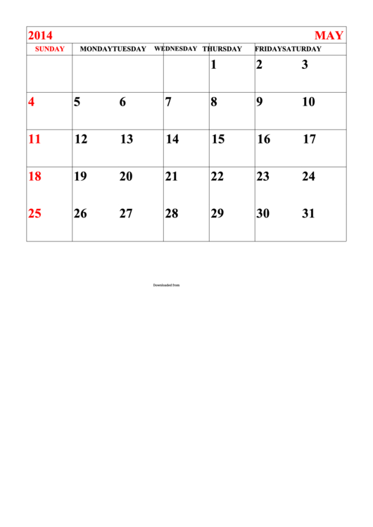 May Monthly Calendar Template 2014 Printable pdf