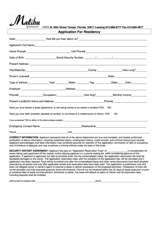Application For Residency - Malibuusf Printable pdf