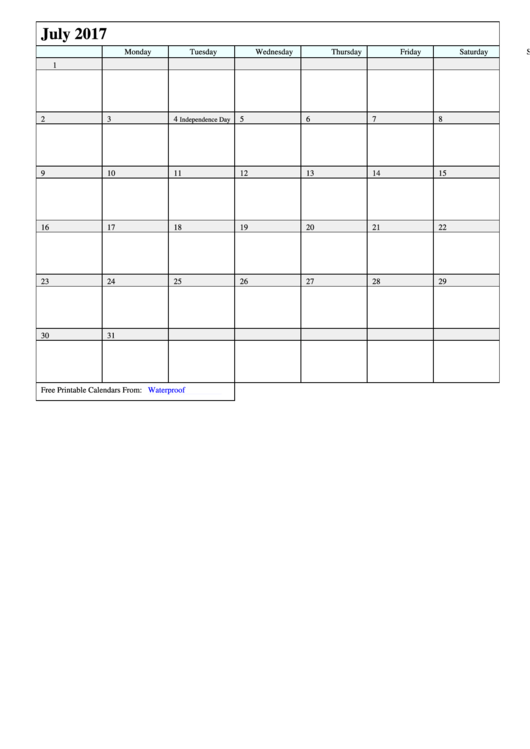 July Calendar Template - 2017 Printable pdf