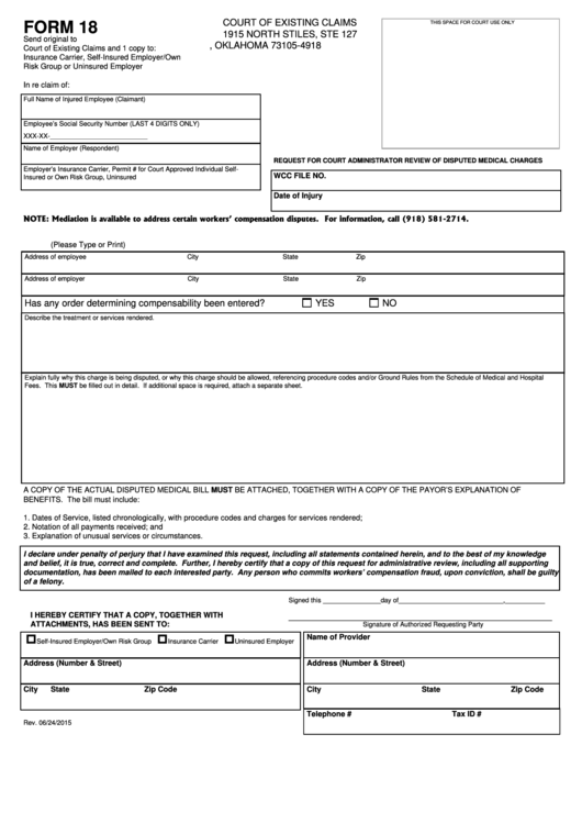 Form 18 Request For Court Administrator Review Of Disputed Medical Charges