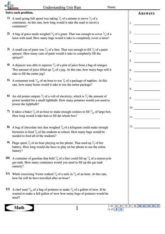Understanding Unit Rate Ratios Worksheet With Answer Key Printable pdf