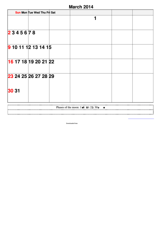 March Monthly Calendar Template 2014 Printable pdf