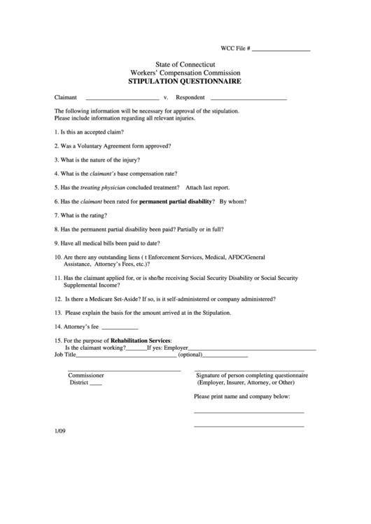 Fillable Stipulation Questionnaire Printable pdf