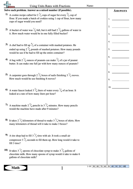 Using Units Rates With Fractions Worksheet With Answer Key