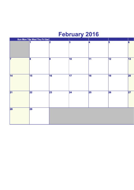 Calendar Template - February 2016 Printable pdf
