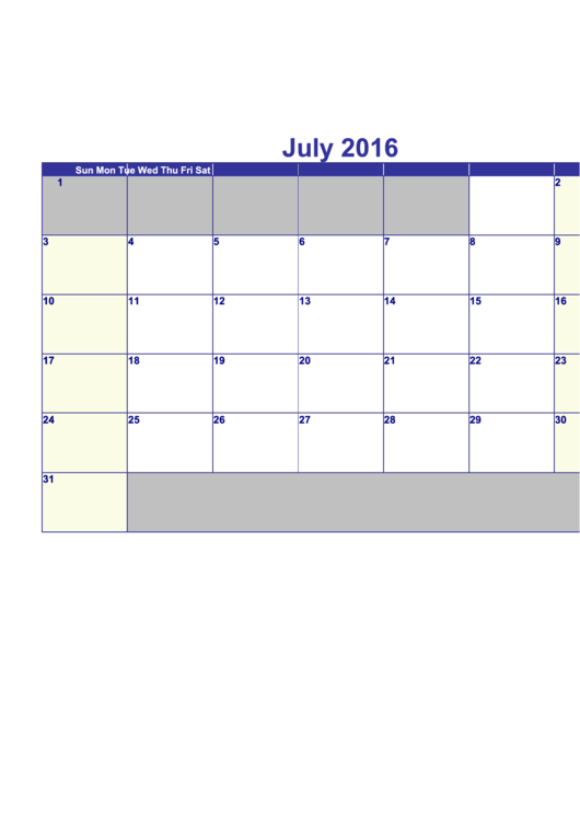July 2016 Calendar Template - Horizontal printable pdf download