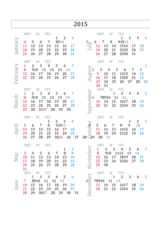 2015 Calendar Template Printable pdf