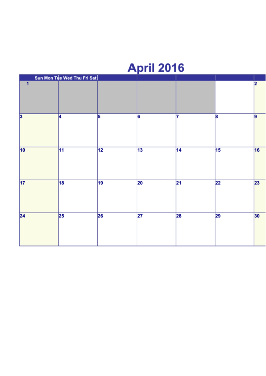 Calendar Template - April 2016 Printable pdf