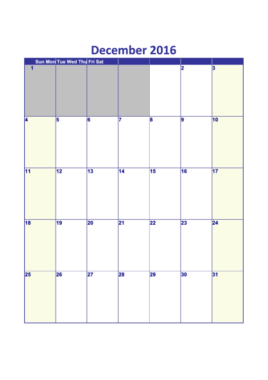 December 2016 Calendar Template - Vertical Printable pdf