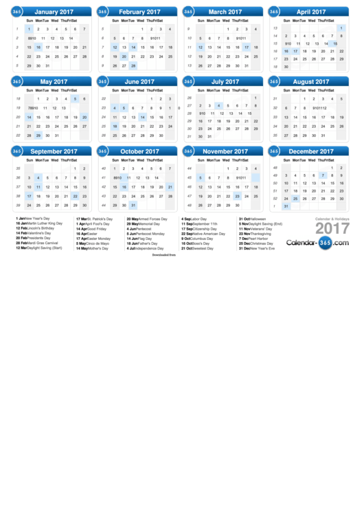 2017 Yearly Calendar With Holidays - Landscape Printable pdf